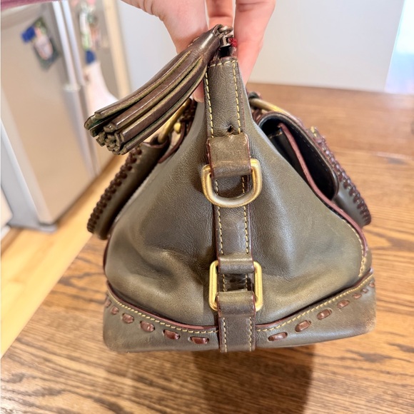 Dooney & Bourke Olive Leather Satchel with Burgundy Trim and Brass Hardware - Picture 4 of 13